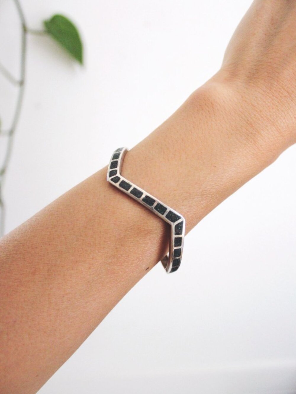 Vintage Sterling Silver Chevron Cuff Bracelet Turquoise Inlay Modernist Southwes